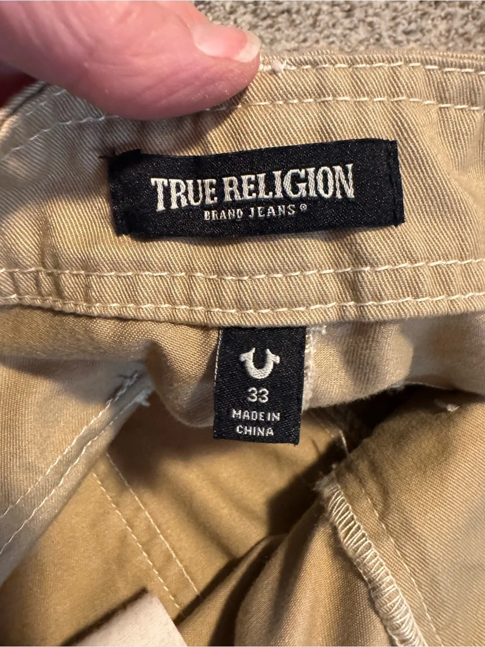 True Religion Men's Khaki Cargo Pants with Flap Pockets - 33